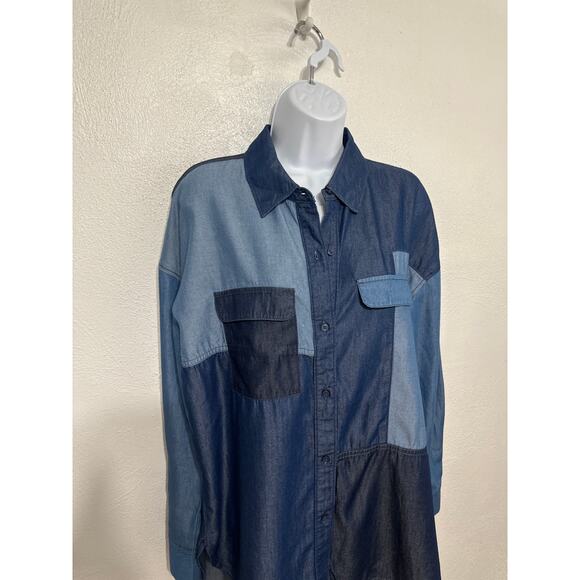 A.N.A. Denim Patchwork Button Up Shirt M Color Blocked Denim on Denim Trend - Picture 5 of 13